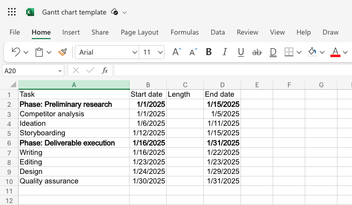 Screenshot of an Excel sheet showing how to fill in and format data with columns labeled task, start date, length, and end date