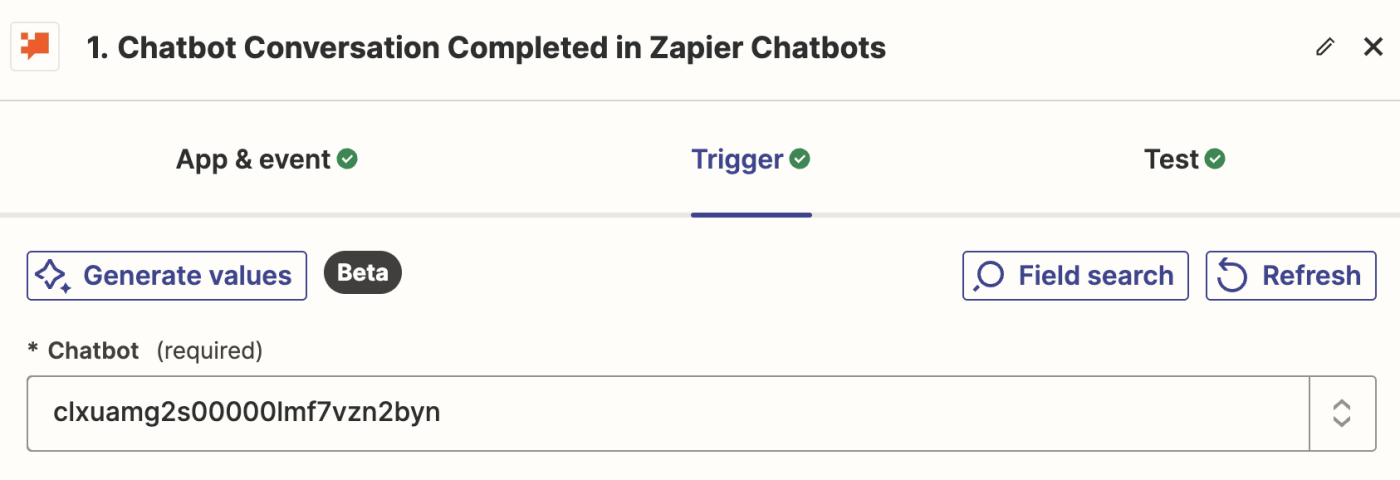 Screenshot of chatbots ID in zap editor