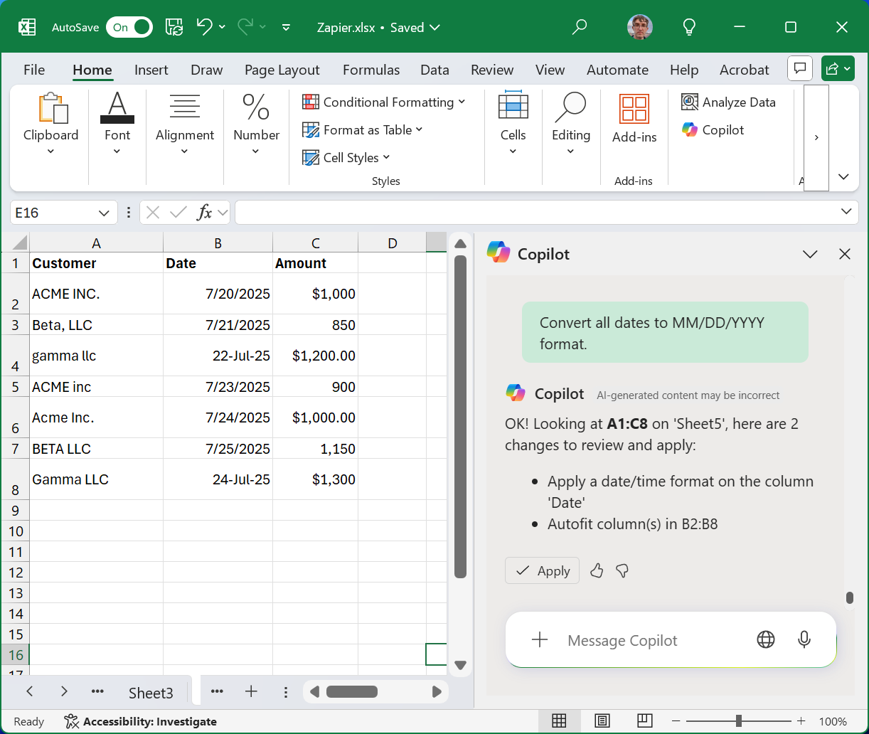Asking Copilot in Excel to convert all date formats