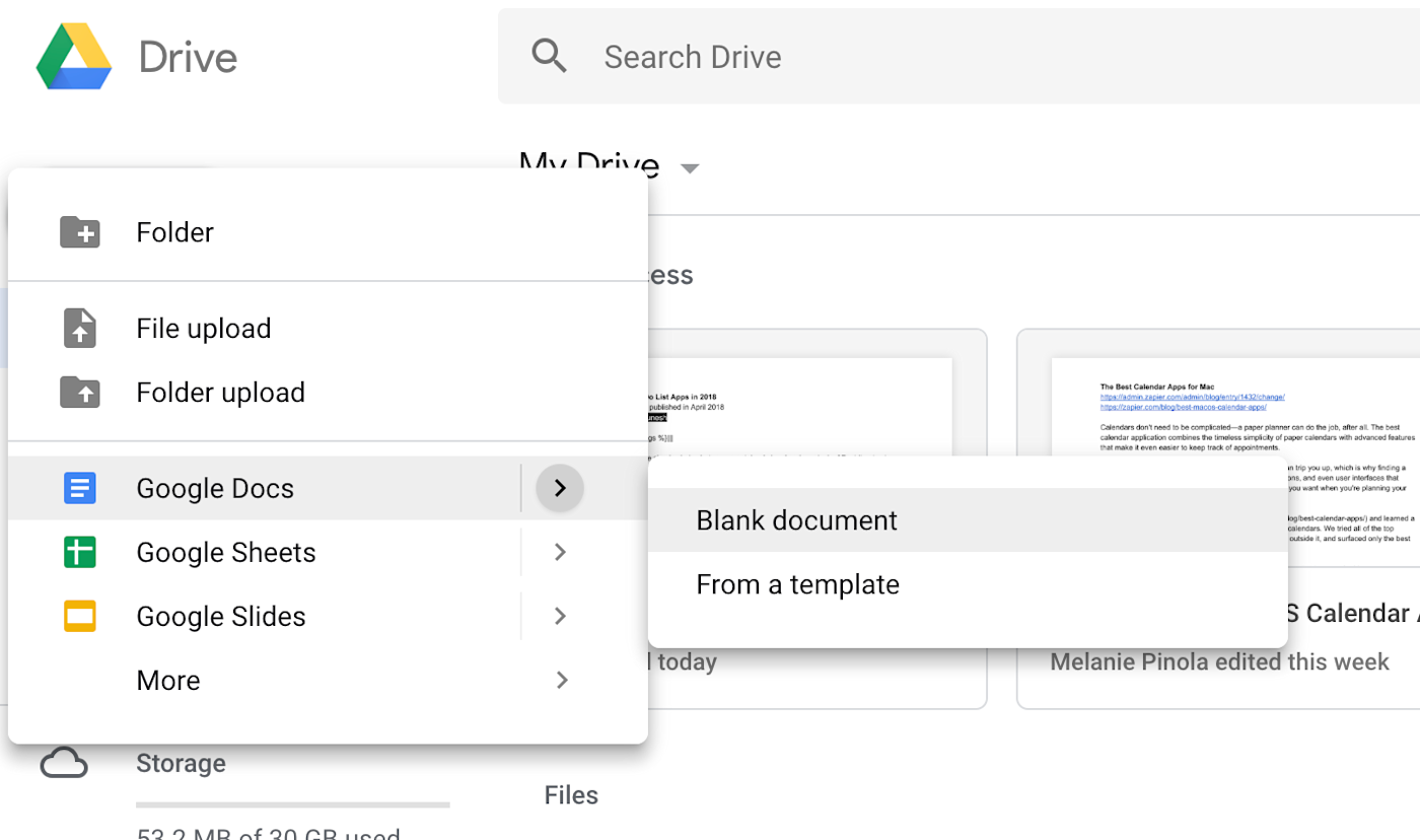 Google Drive new submenu