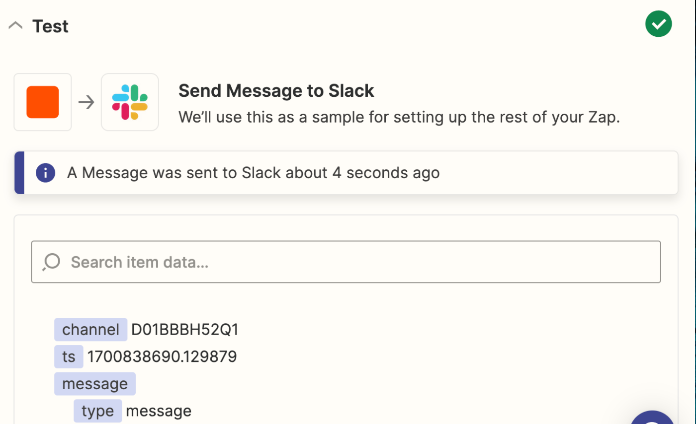 Screenshot of Slack message test