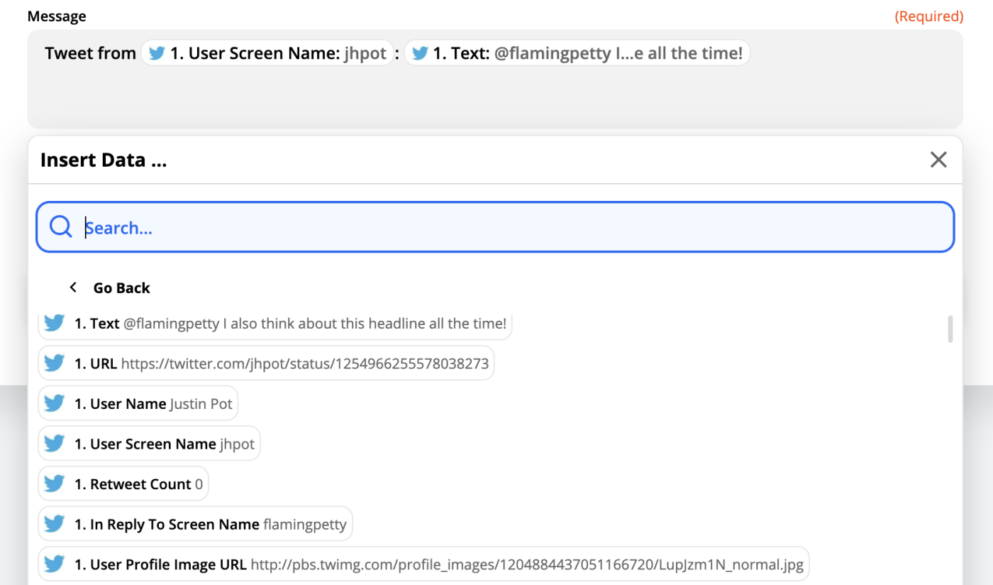 Mapping Twitter data to an SMS message in Zapier