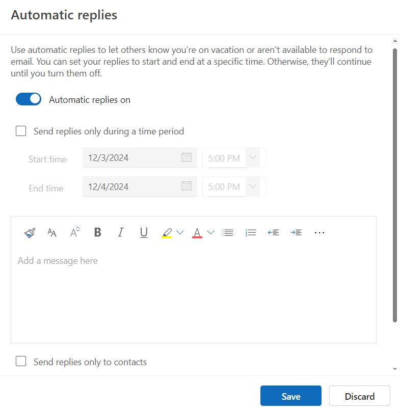 Screenshot of automatic replies options in Outlook 