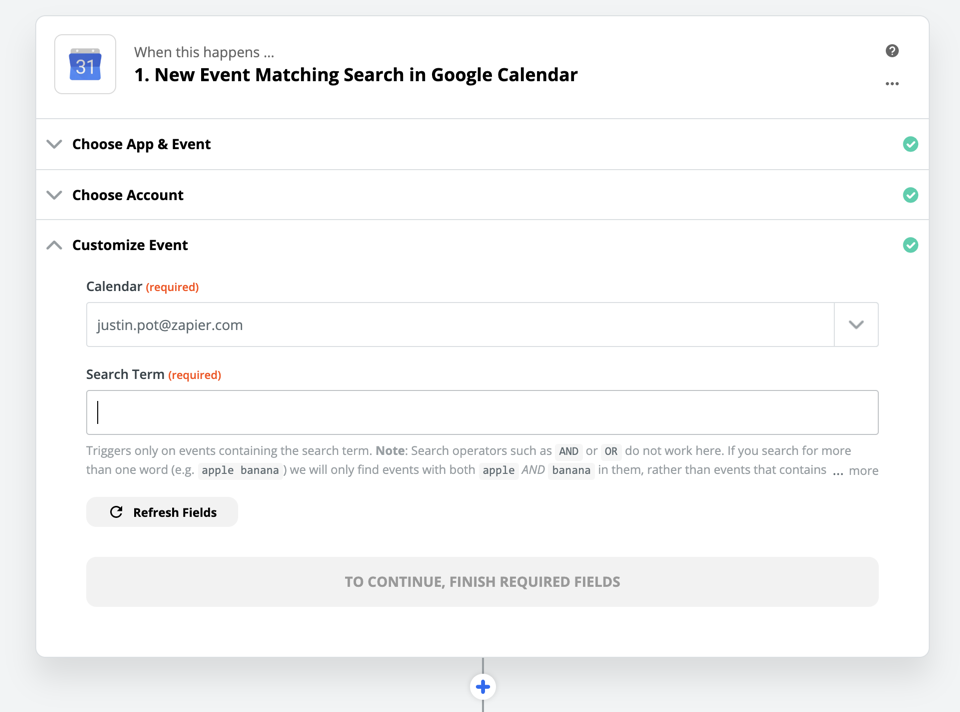Monitoring Google Calendar events in Zapier
