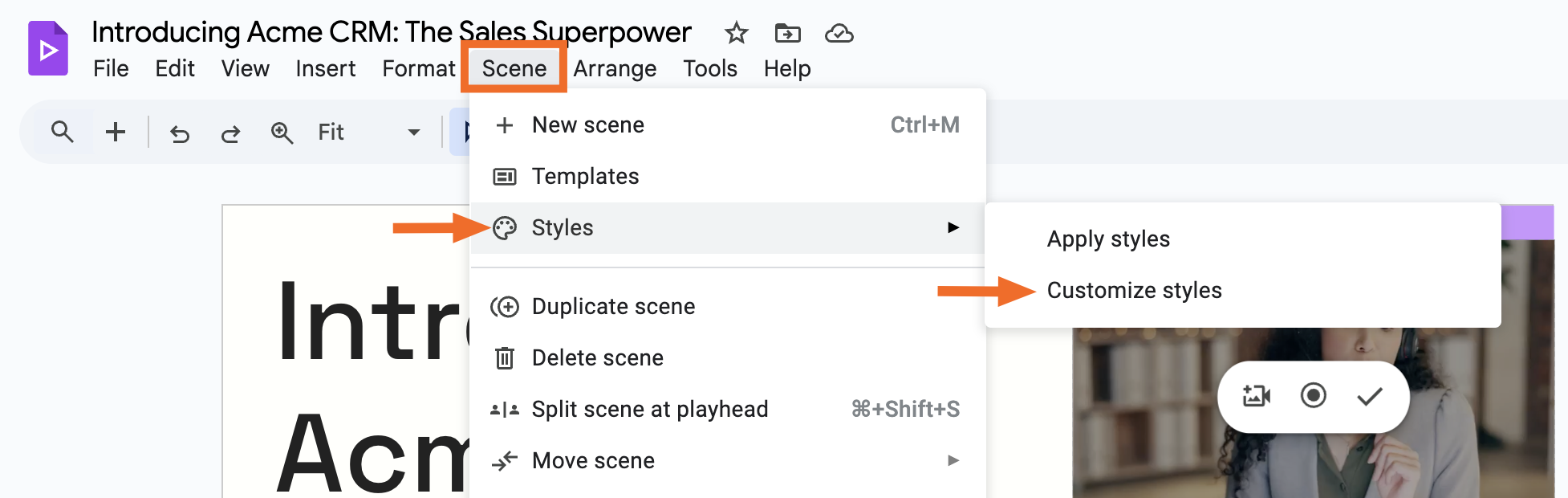 Expanded view of the scene menu in Google Vids with the option to customize styles highlighted. 