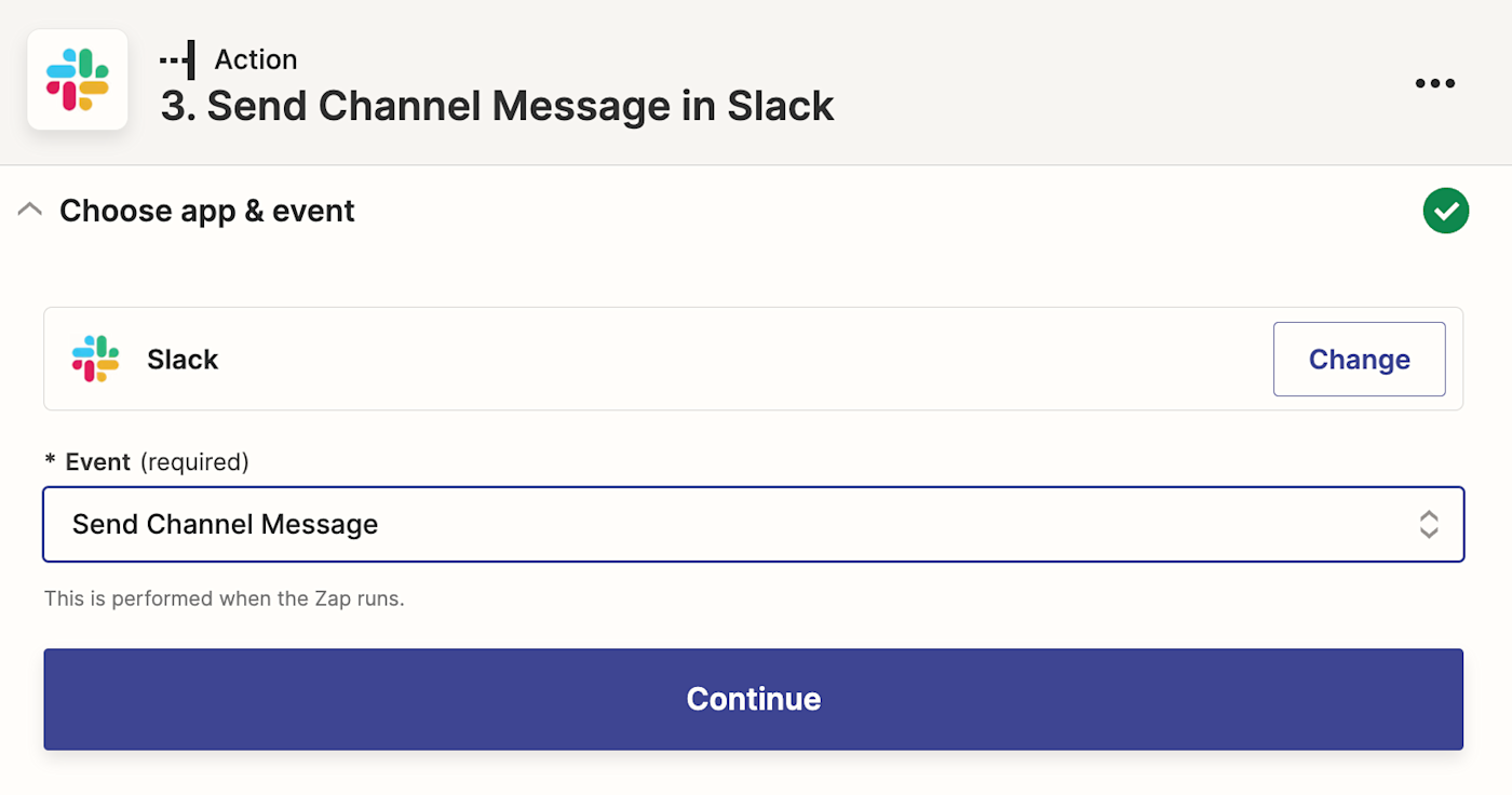 A screenshot of the setup for a Slack action step in the Zapier editor.