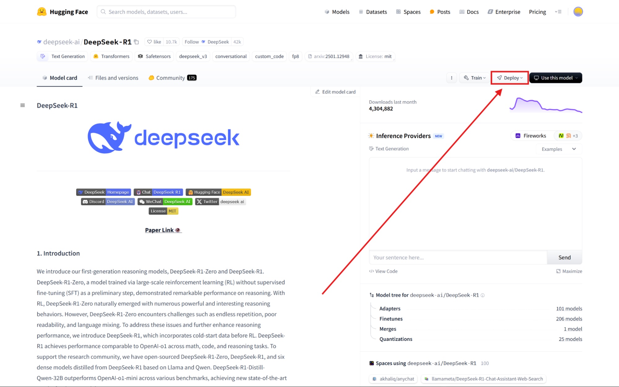 The Deploy dropdown in Hugging Face