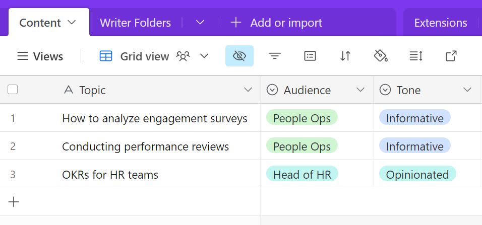 A table in Airtable with fields for topic, audience, and tone.