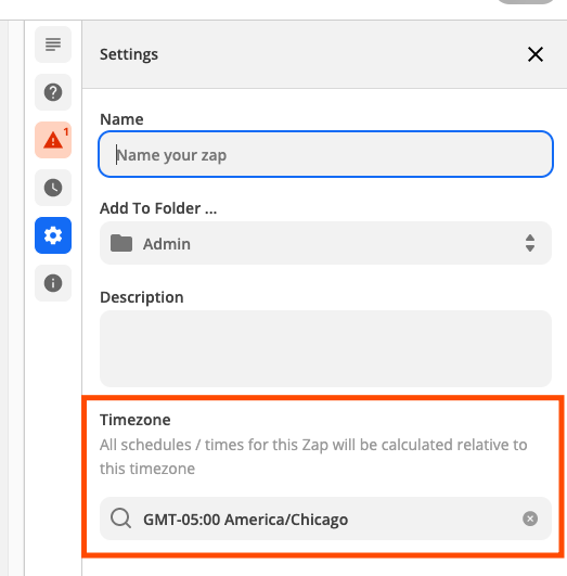 The Zap Settings menu, which can be found within the Zap editor. A red box highlights the timezone settings for the specified Zap.