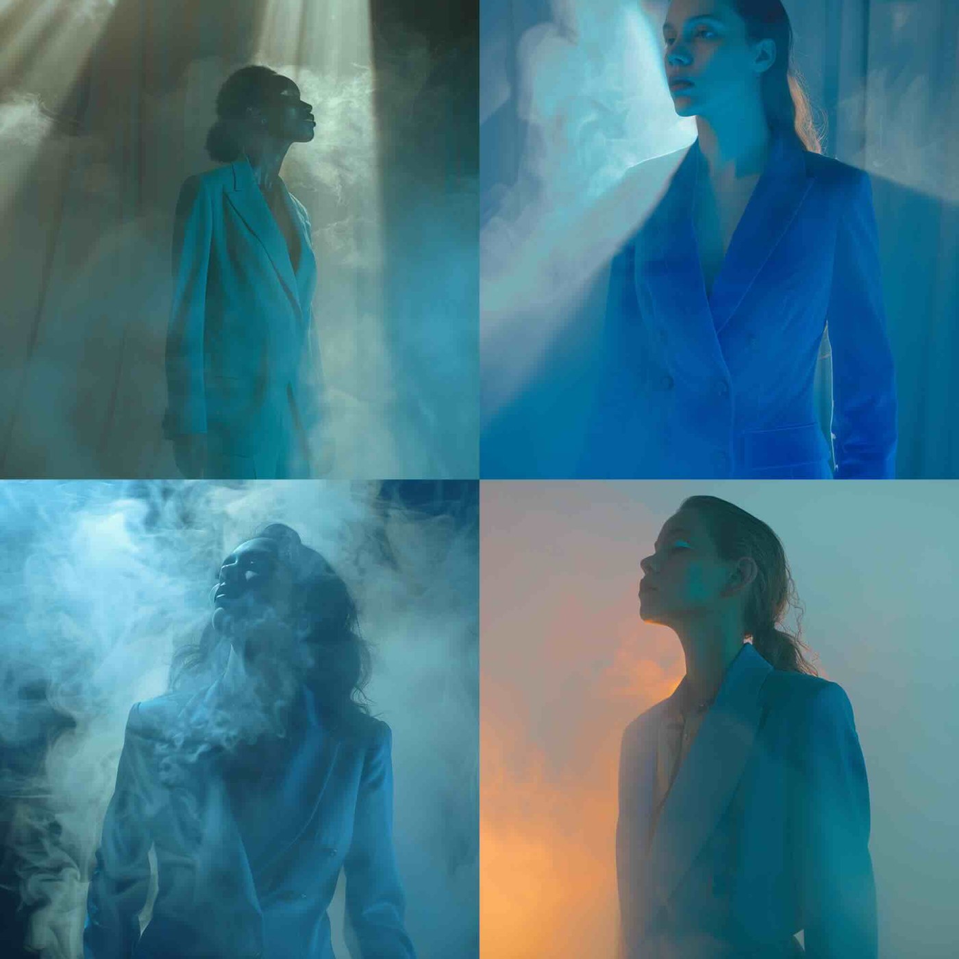 A woman wearing a blue suit, volumetric lighting through fog