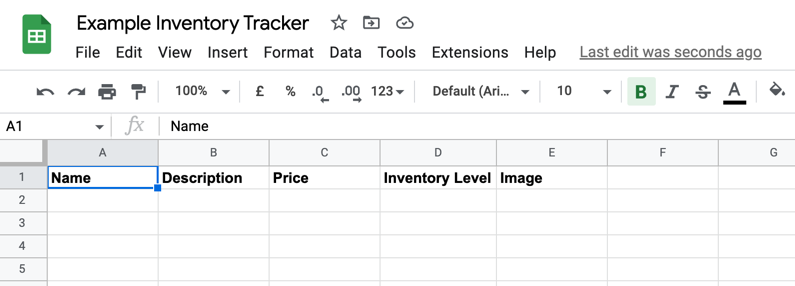 A Google Sheets spreadsheet titled Example Inventory Tracker with header titles added in row 1.