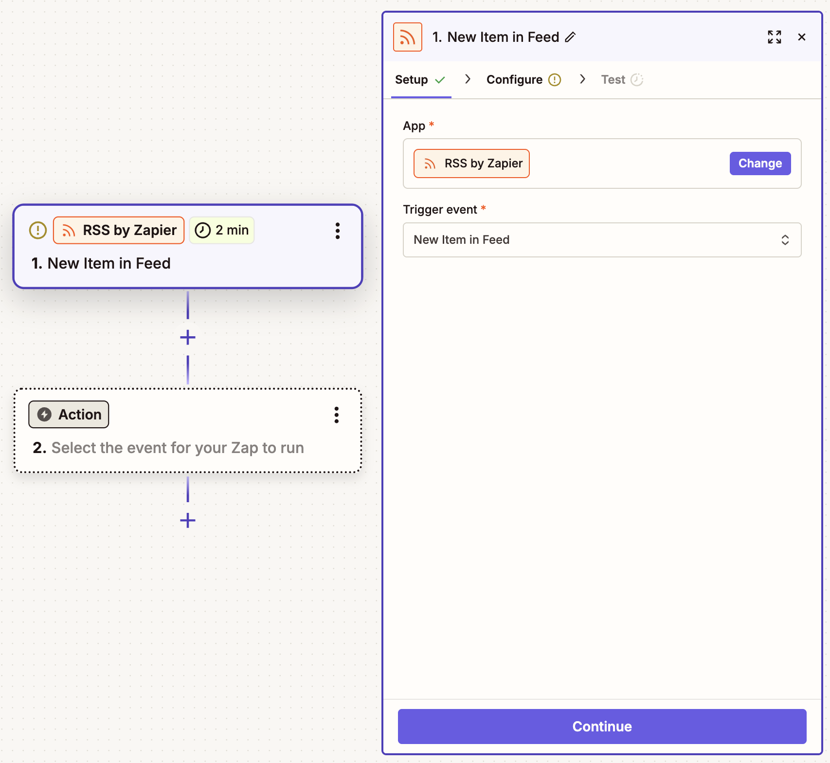 The RSS by Zapier setup in the Zap editor