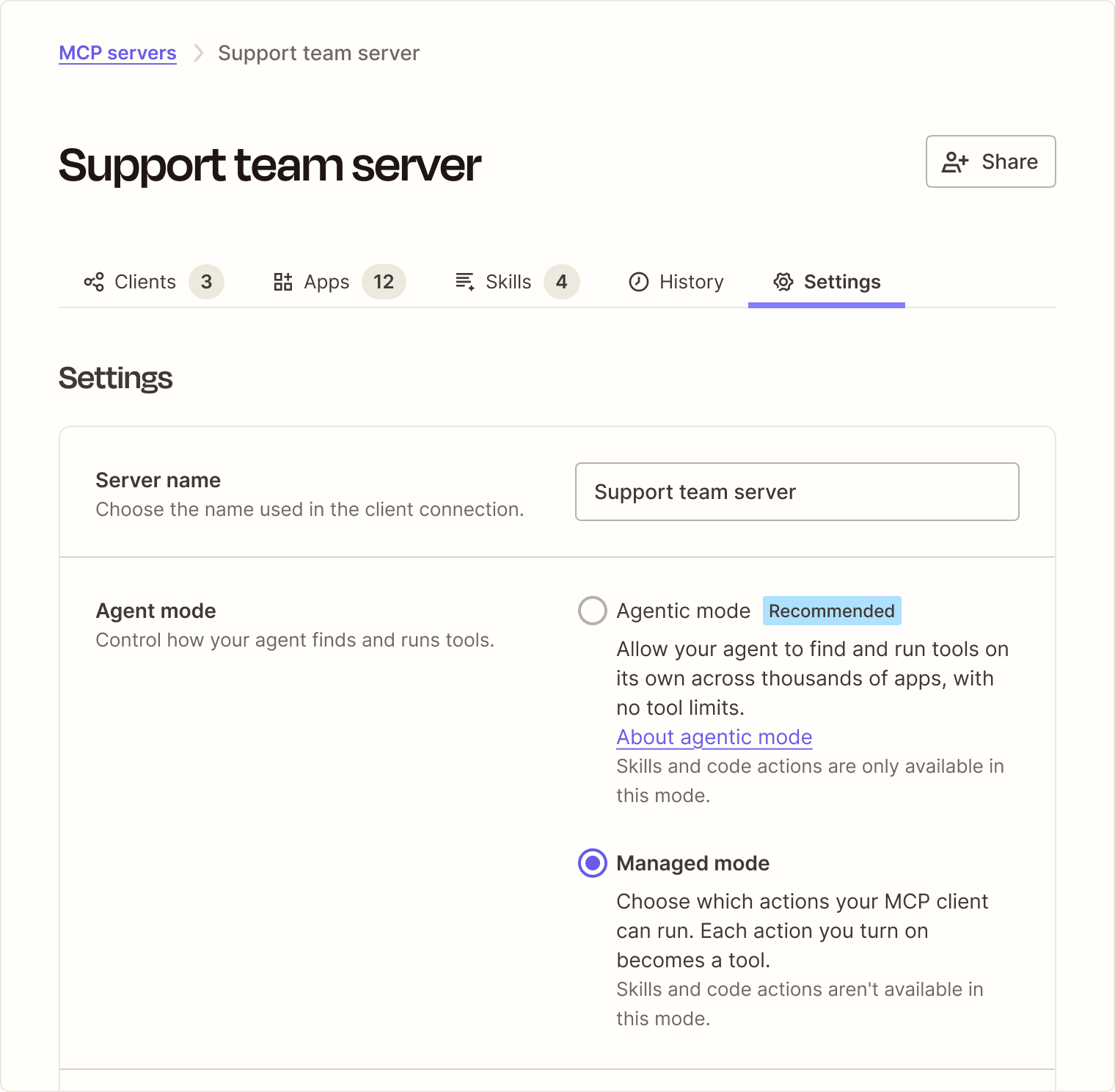 Illustration of a Zapier MCP server Settings tab for Support team server, with Agentic mode marked Recommended and Managed mode selected under Agent mode.