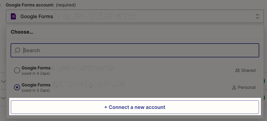 A box highlights the button to connect a new account in the Zap editor.