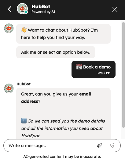A screenshot of HubSpot's demo booking chatbot.