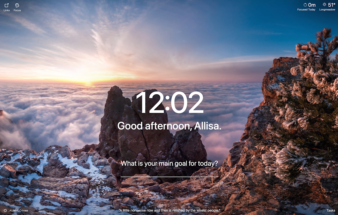 Screenshot of a Chrome window browser with the Momentum extension. The entire window is covered by a photo of Ai Petri in Crimea with the time (12:02) and the text "Good afternoon, Allisa. What is your main focus for today?" and a blank space for users to type in their daily goal