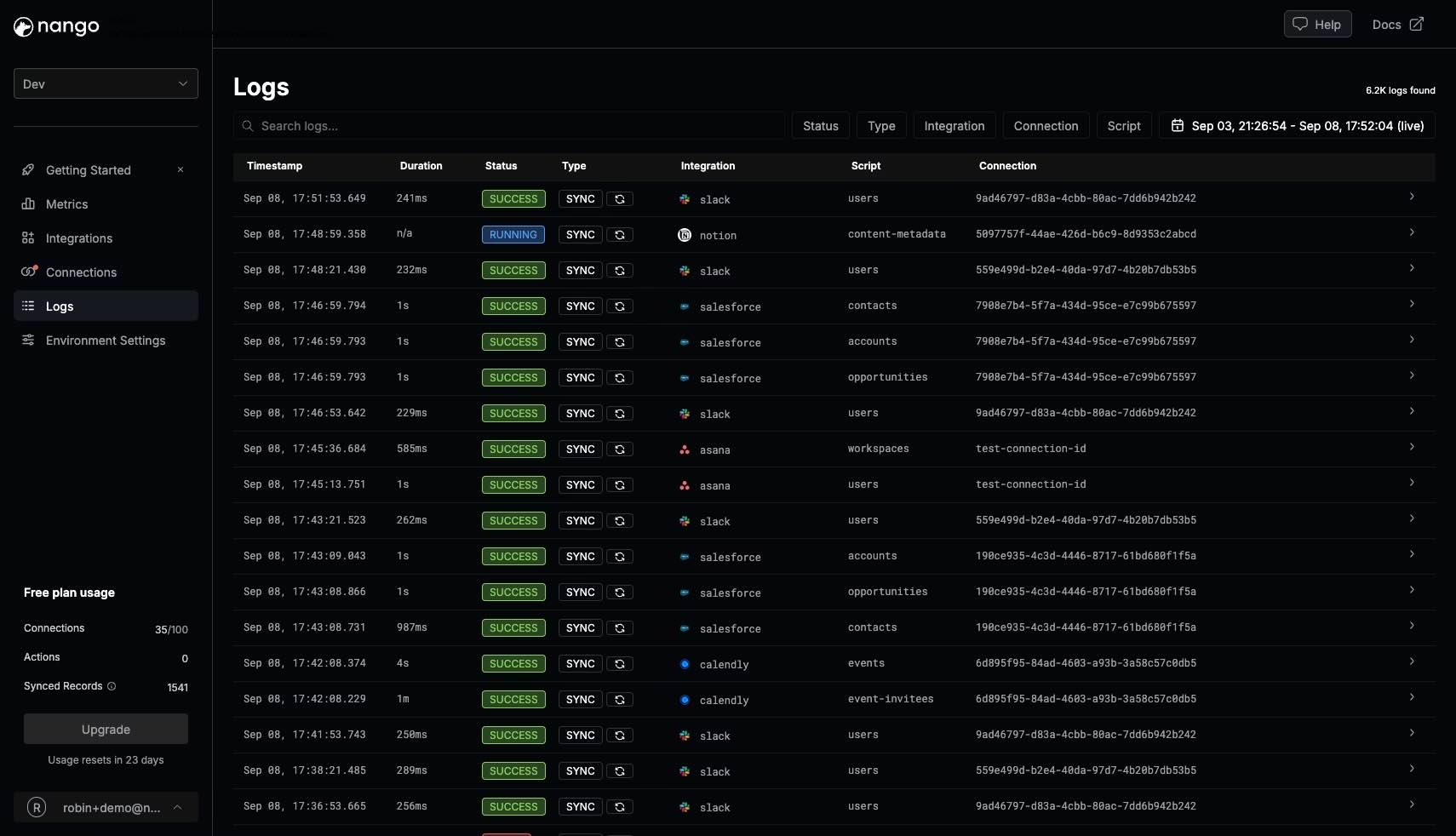 A logs screen in Nango