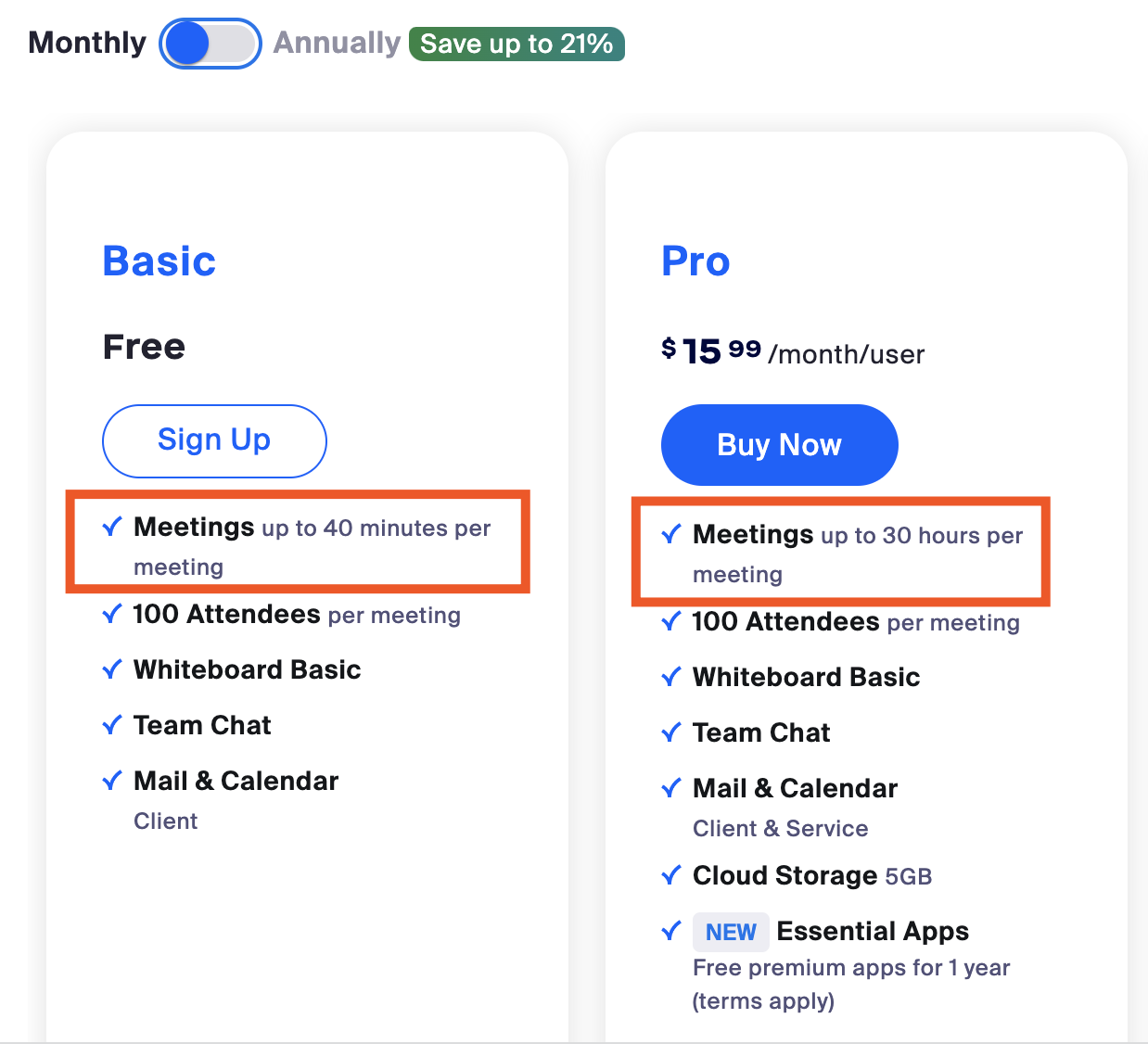 Zoom's pricing, with the limit on meeting time highlighted