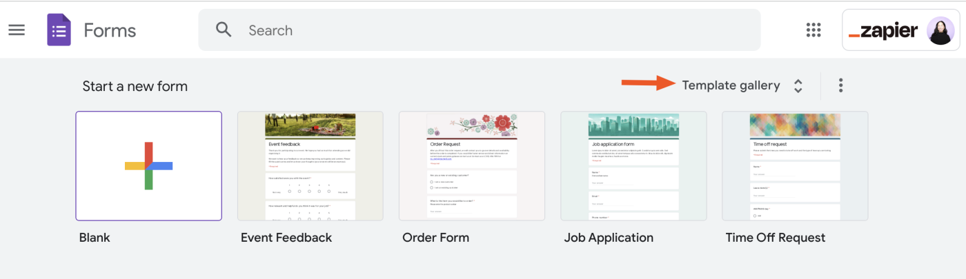 Home page of Google Forms with an arrow pointing to Template gallery.