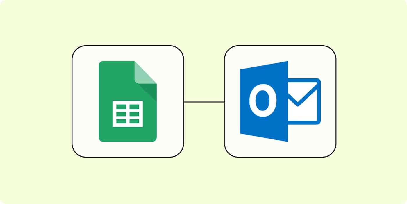 A hero image of the Google Sheets app logo connected to the Microsoft Outlook app logo on a light yellow background.