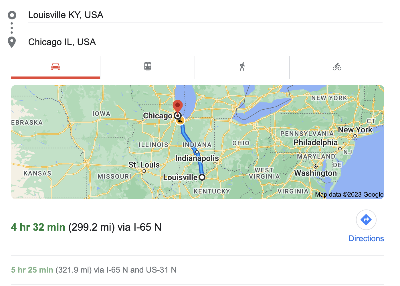 The travel time and distance between Louisville, Kentucky to Chicago, Illinois, along with a map of the driving route.