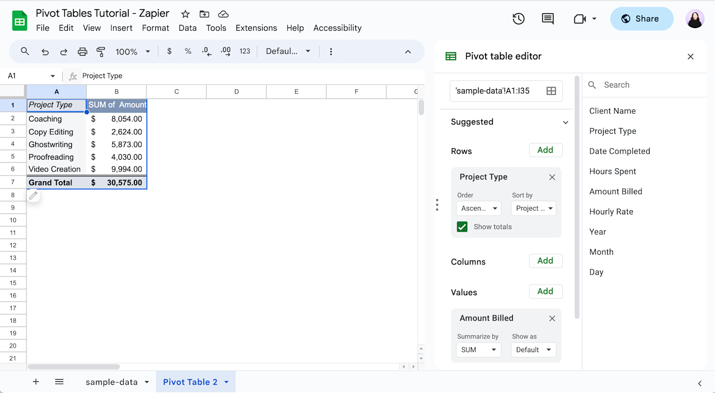 Pivot table in Google Sheets displaying the sum of amount billed for each project type. 