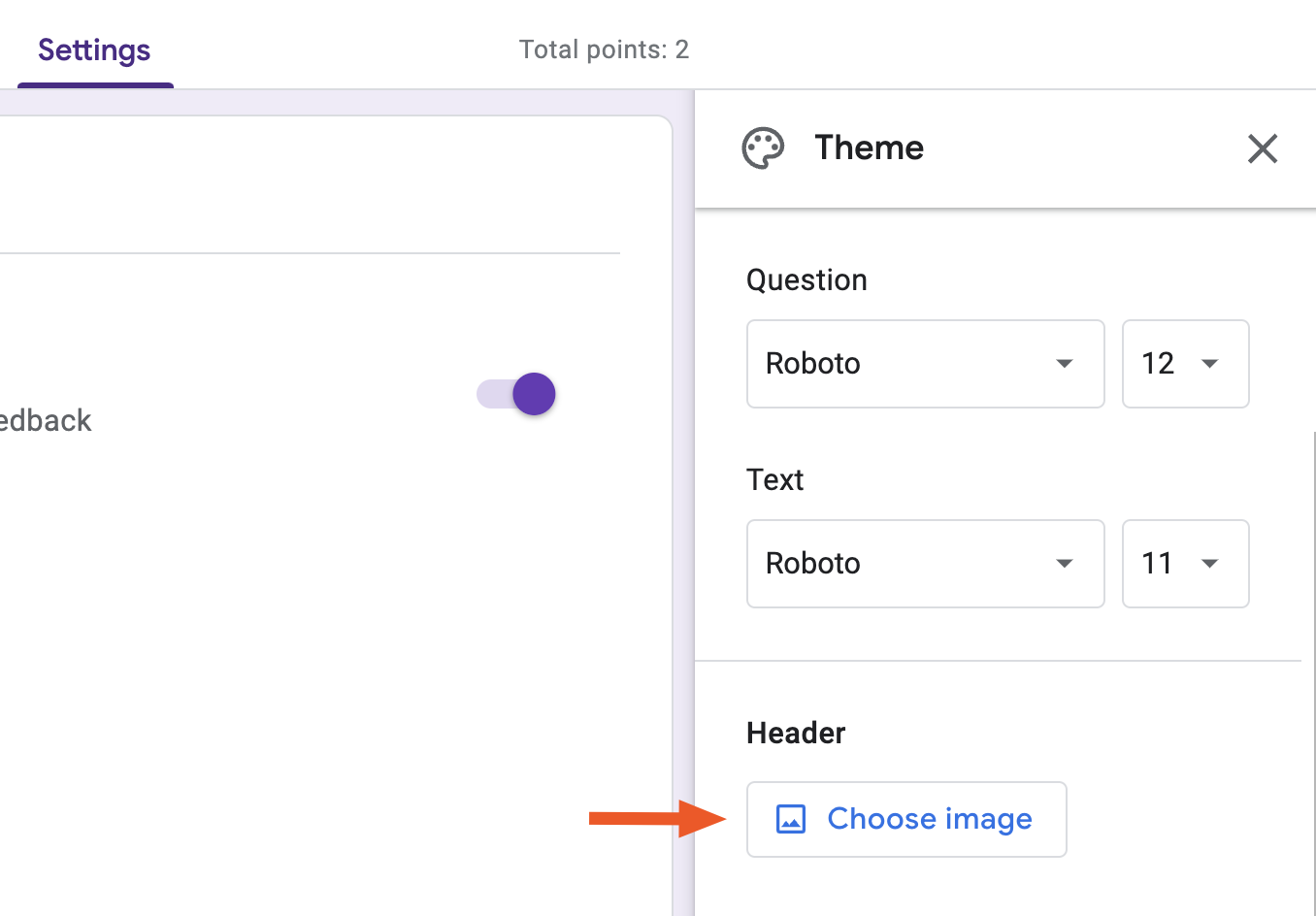 Theme window in Google Forms with an arrow pointing to "Choose image."