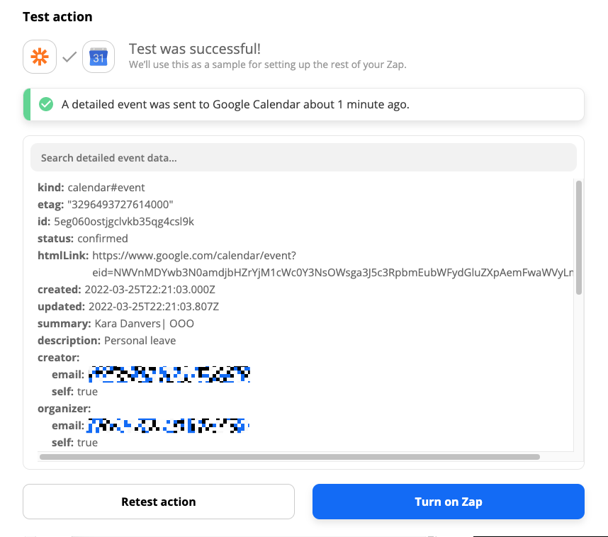 A successful Zap test within the Zap editor. A window displays all the information that was sent to Google Calendar.