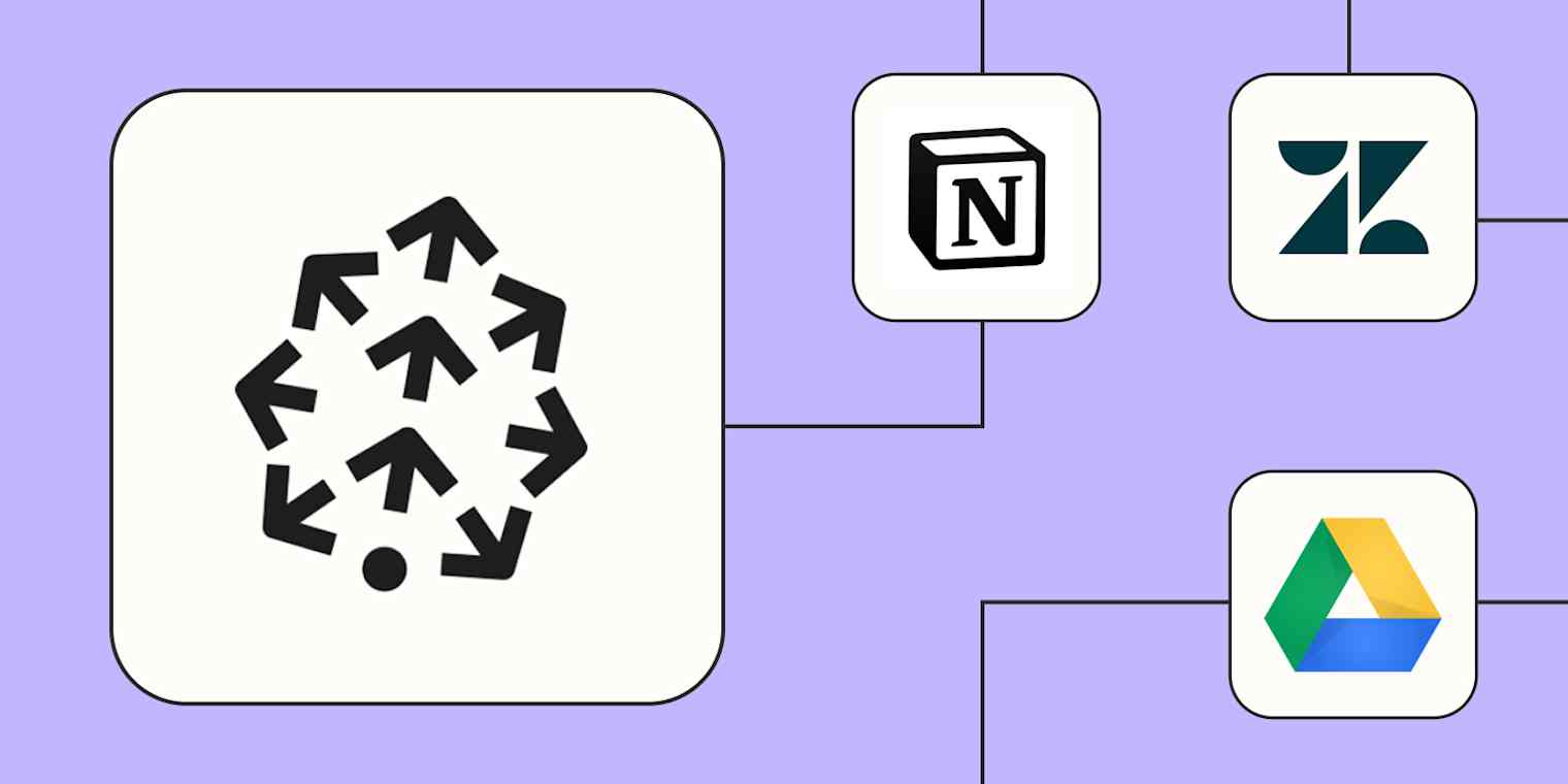 The logo for Pinecone connected to logos for Notion, Zendesk, and Google Drive against a lavender background