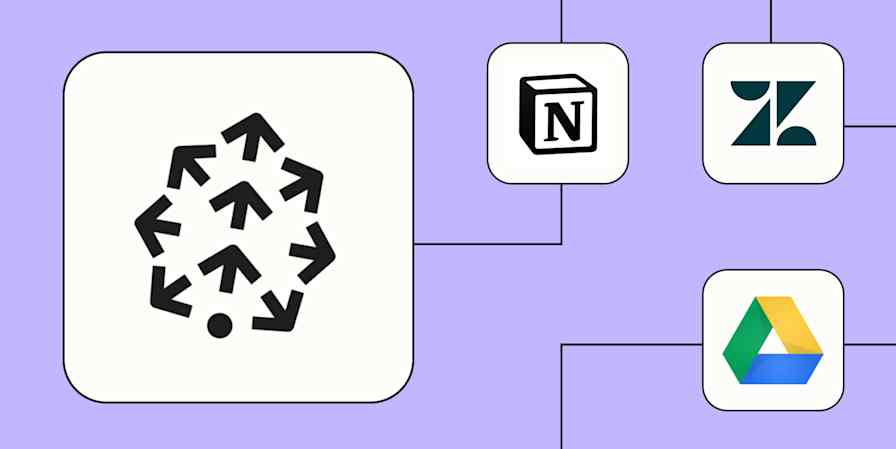 The logo for Pinecone connected to logos for Notion, Zendesk, and Google Drive against a lavender background