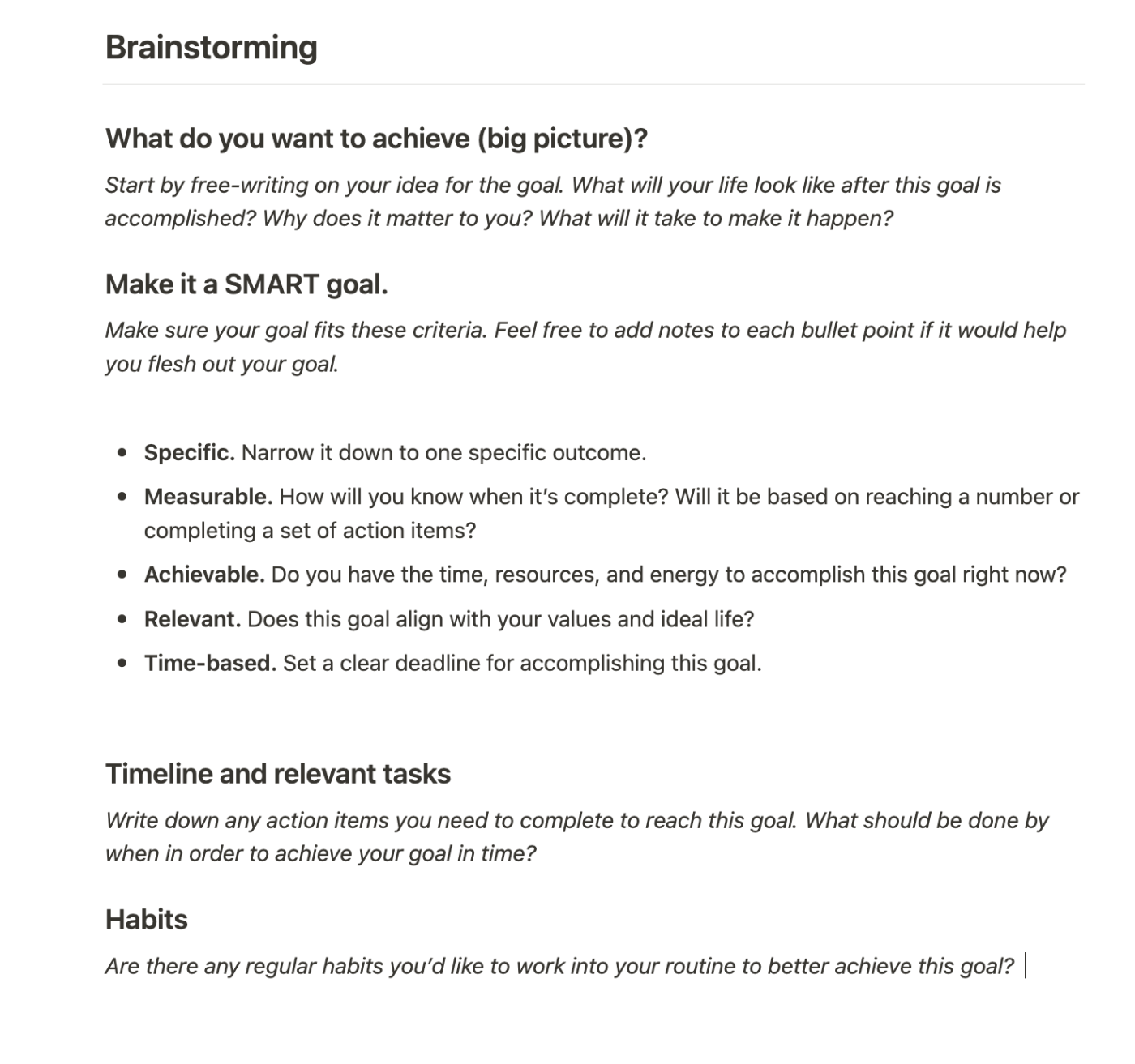 The brainstorming prompts from the Notion goal tracker template