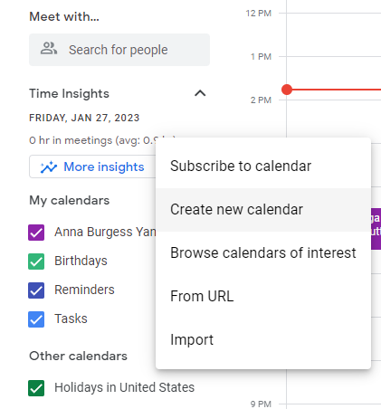 A menu open in Google Calendar with Create new calendar highlighted in the menu.