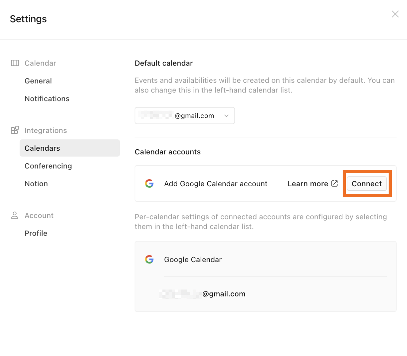 Settings page in Notion Calendar, highlighting the button to connect a Google Calendar account.