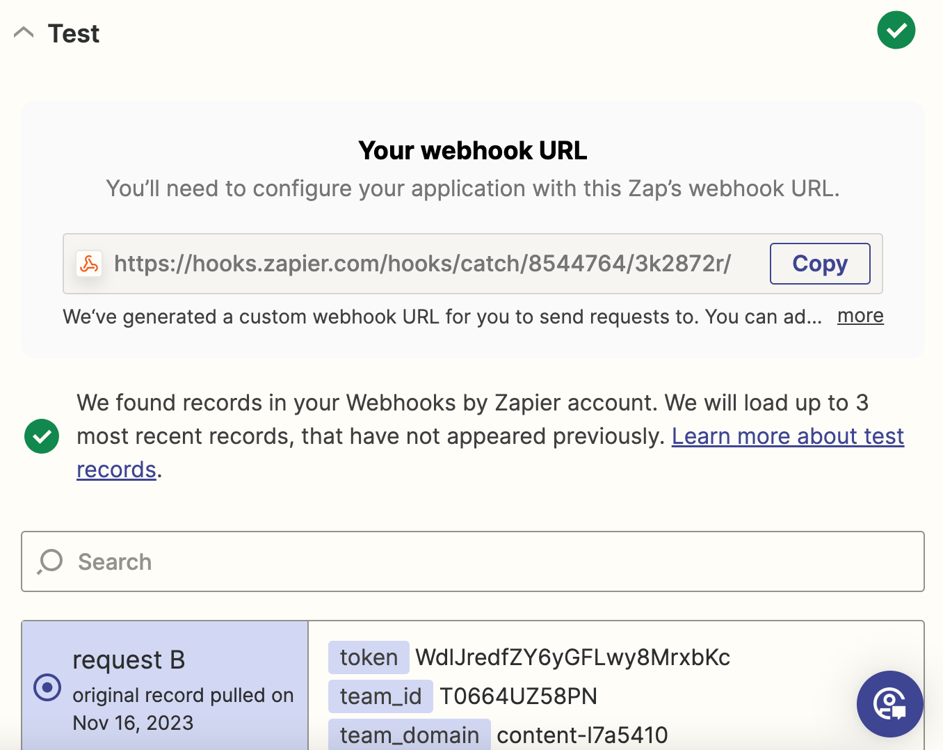 Screenshot of webhook URL