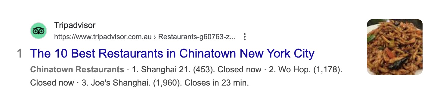 Tripadvisor Google result for the 10 best restaurants in Chinatown New York City