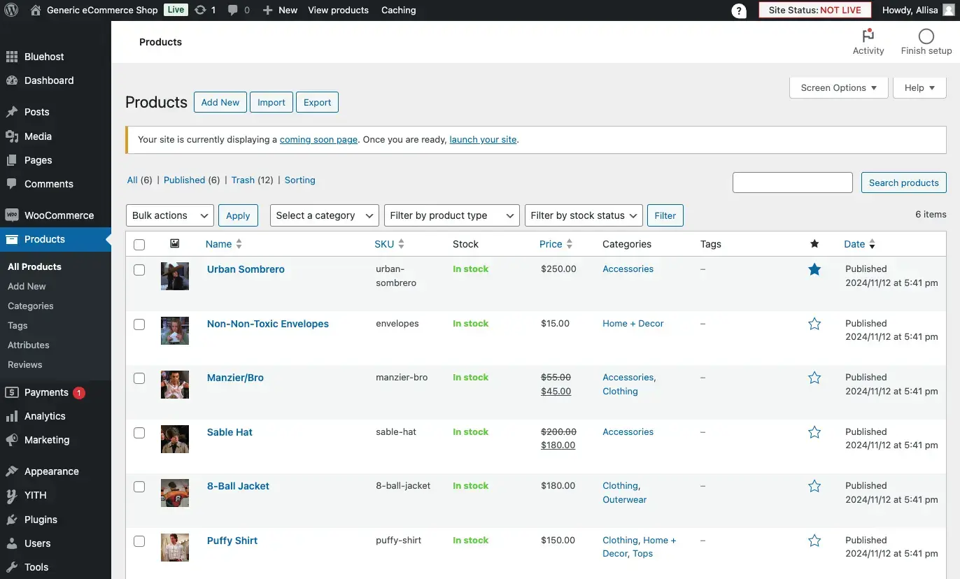 A screenshot showing the products interface inside of WooCommerce.