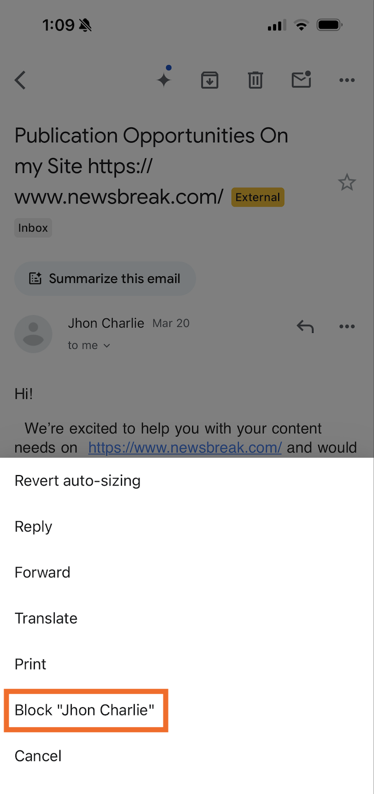 How to block an email on the Gmail app.