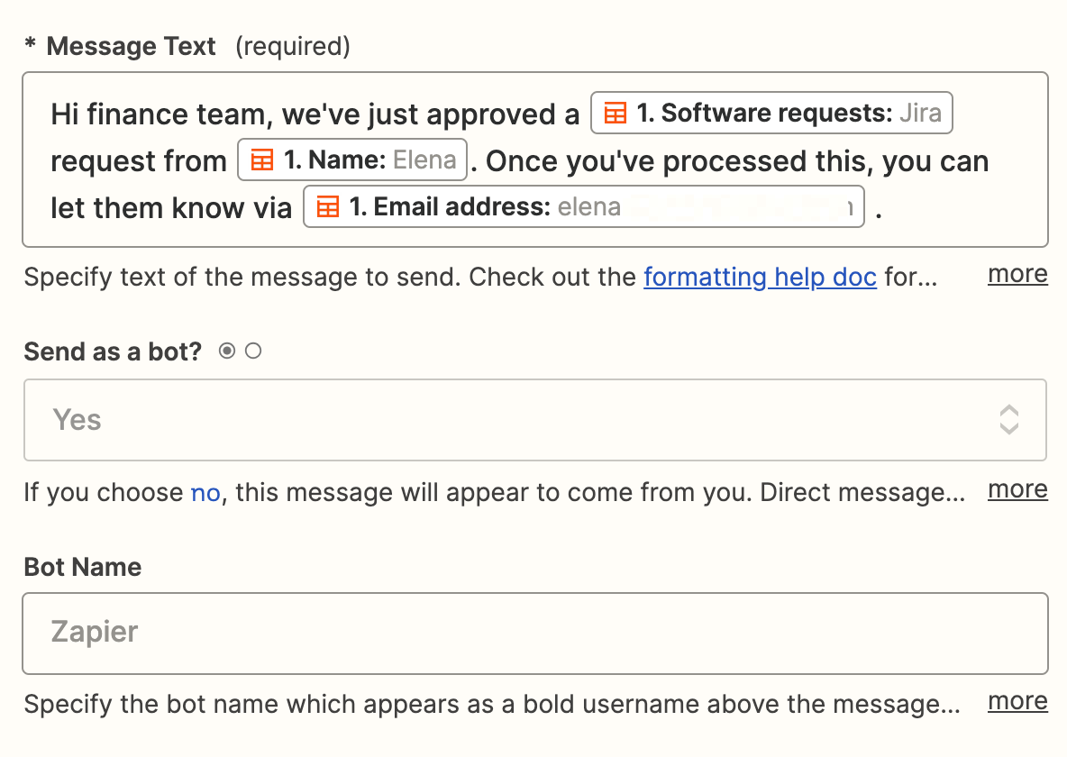 screenshot of slack message