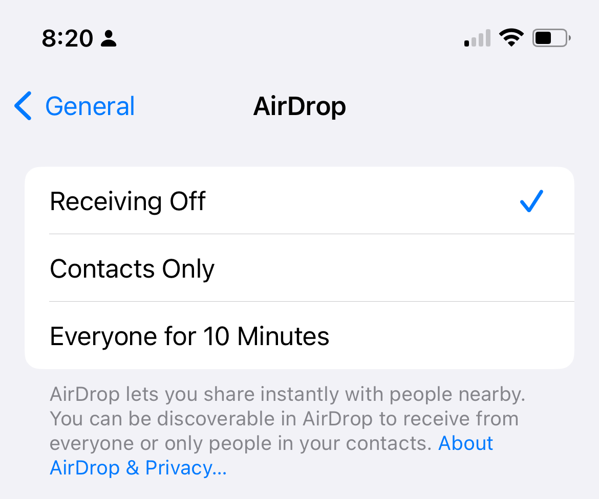 Setting AirDrop to "Receiving off"