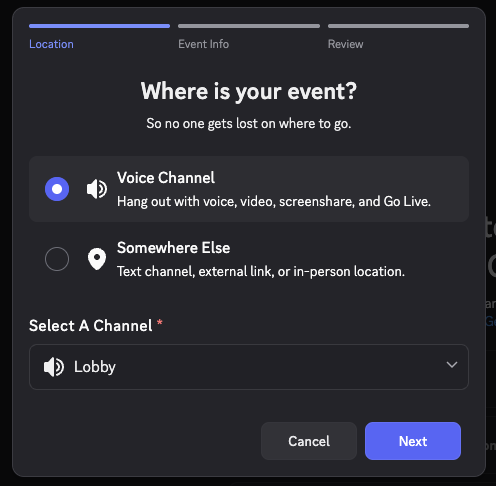 This screenshot displays the interface where a user selects the text or voice channel where the upcoming event will take place.