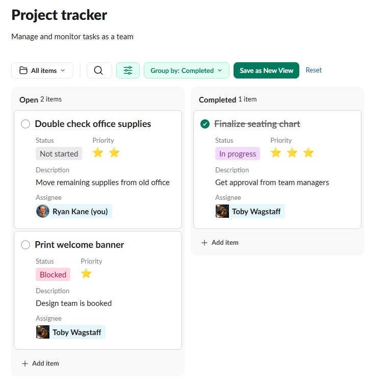 A project tracker as a Kanban board in Slack