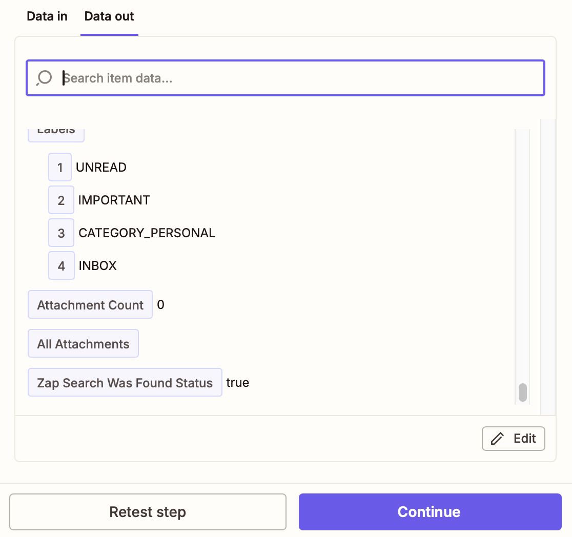 A window inside the Zap editor with test data