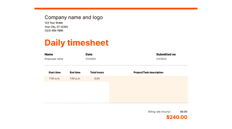 Screenshot of Zapier's daily timesheet template showing how to track hours and tasks in one day