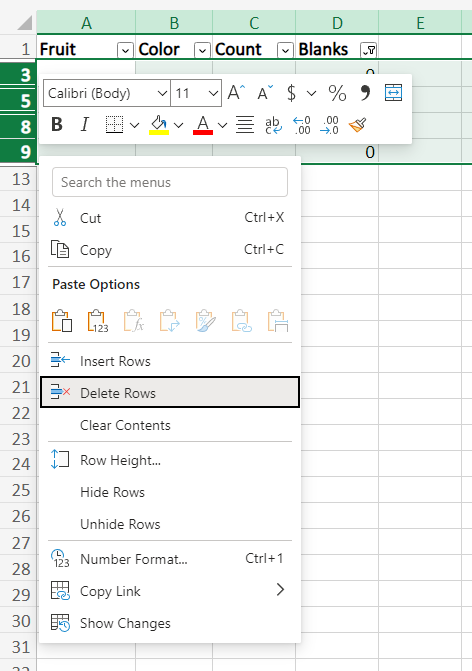 How to delete blank rows in Excel Online