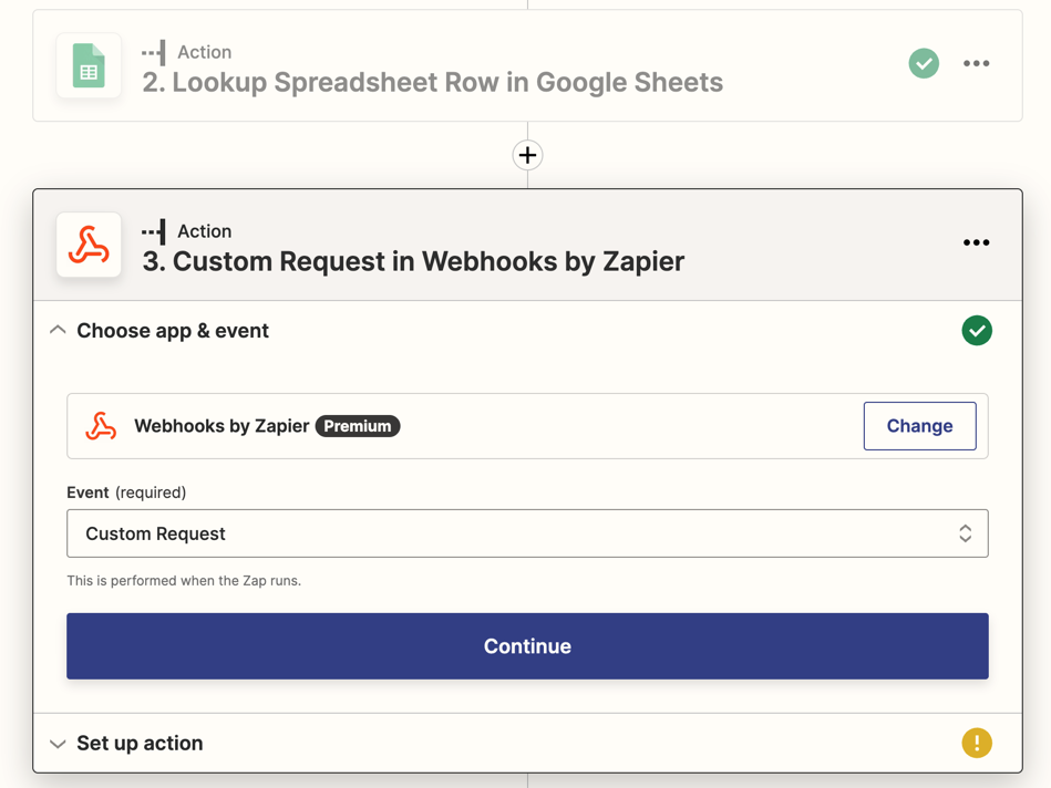 The webhooks app logo with "Custom Request in Webhooks by Zapier"
