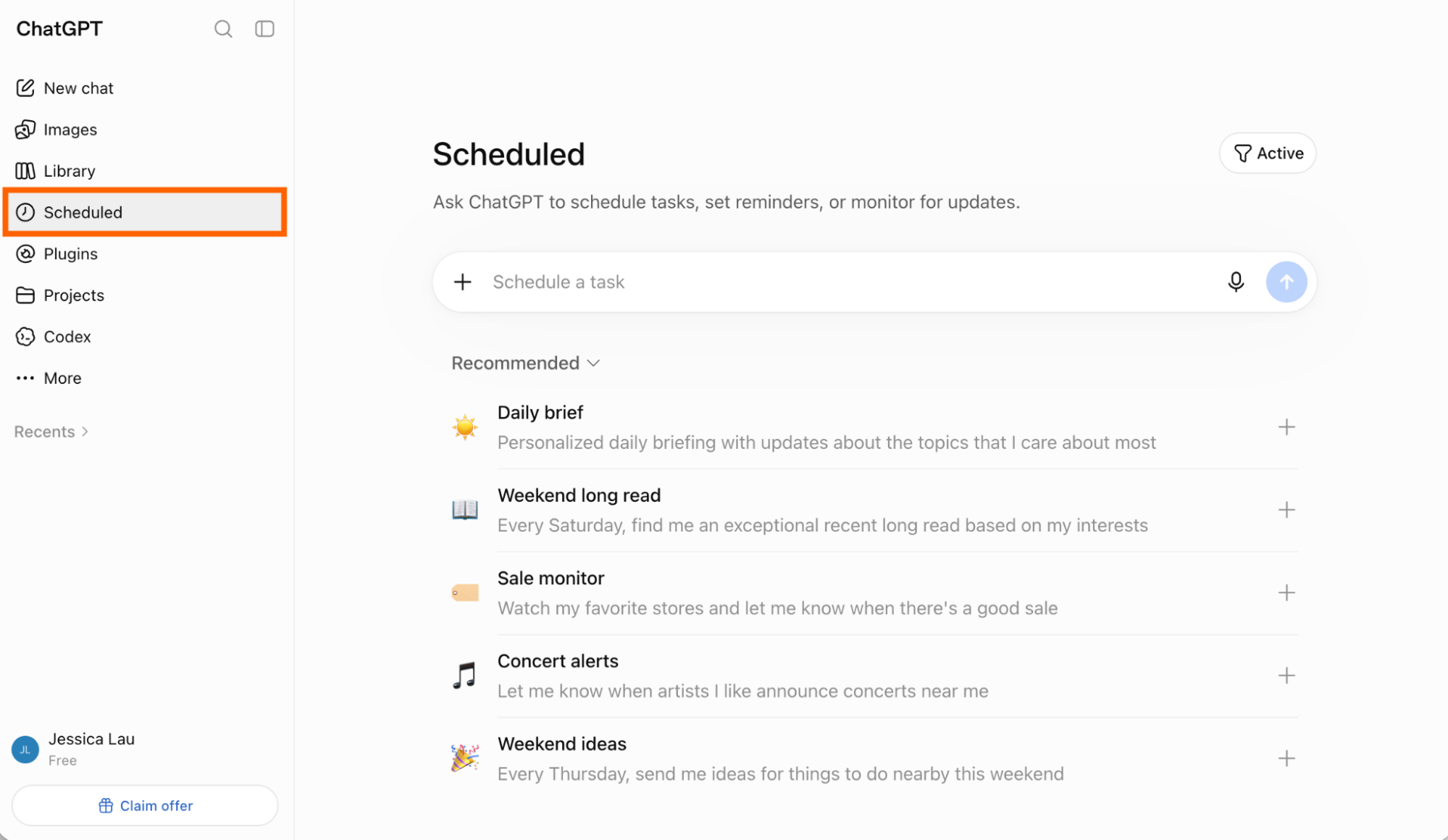 ChatGPT side panel with Scheduled highlighted. 