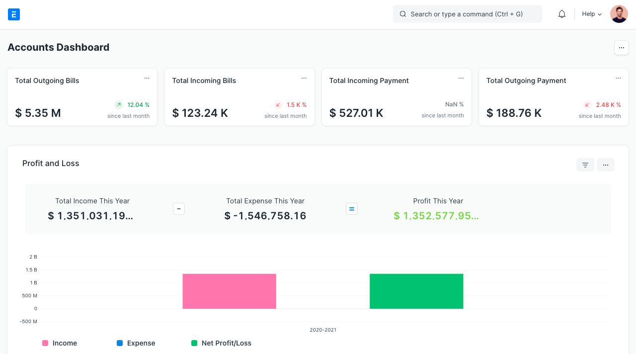 Screenshot of ERPNext ERP Accounts Dashboard.