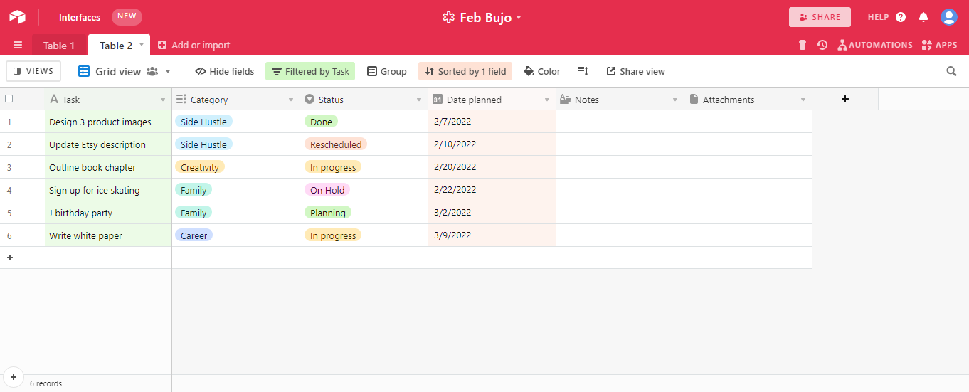 Airtable bullet journal organized by task instead of date