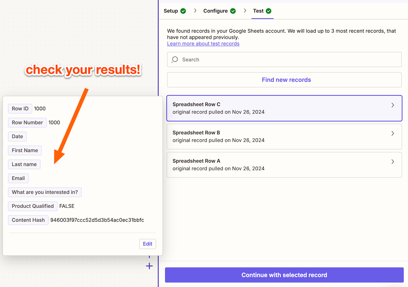 An orange arrow points to a list of results from a trigger step test with the text "Check your results" next to it.