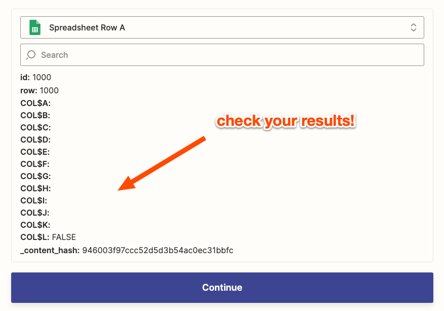 An orange arrow points to a list of results from a trigger step test with the text "Check your results" next to it.